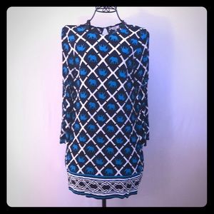 Crown & Ivy Blue and White Dress w/ Elephants Sz S